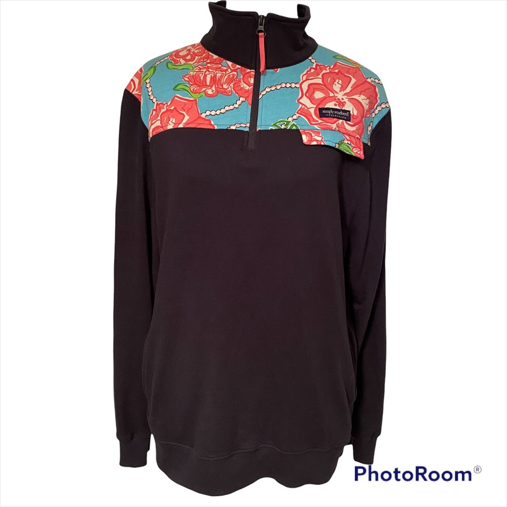 SIMPLY SOUTHERN 1/4 ZIP TOP NAVY BLUE PINK WHITE FLORAL LONG SLEEVE SIZE XL